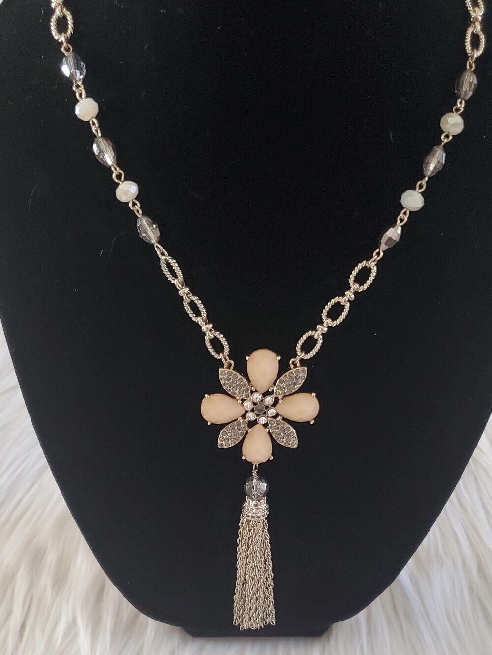 WHBM Long Floral Tassel Statement Necklace Silver Tone Crystal Beaded Gray Ivory